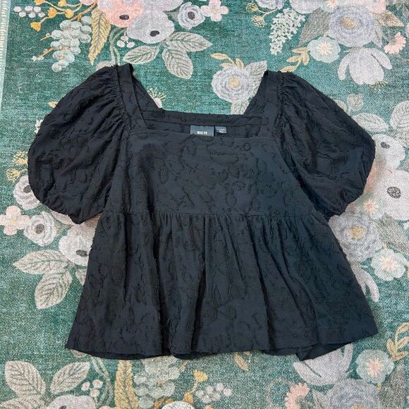 Anthropologie Maeve Batia Babydoll Top XL Black Puff Sleeve Textured Square neck - Picture 5 of 13